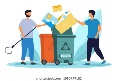 People throw away garbage to recycle trash can. Cleaning digital memory. Move unnecessary files from laptop desktop. Flat abstract metaphor cartoon vector concept design isolated on white background.