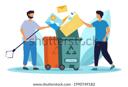 People throw away garbage to recycle trash can. Cleaning digital memory. Move unnecessary files from laptop desktop. Flat abstract metaphor cartoon vector concept design isolated on white background.