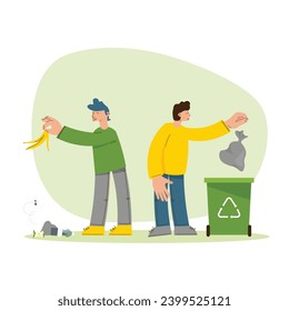 People throw away garbage in the right and wrong ways. Sorting trash. Care for the environment or disregard. Sustainable lifestyle. Save planet. Vector hand drawn illustration in flat style. Not ai.