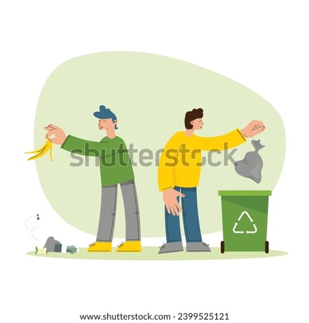 People throw away garbage in the right and wrong ways. Sorting trash. Care for the environment or disregard. Sustainable lifestyle. Save planet. Vector hand drawn illustration in flat style. Not ai.