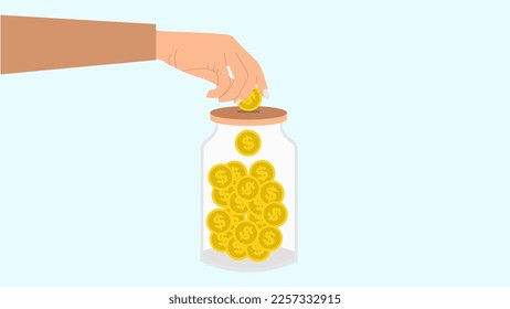 People throw coins into a glass for donations with flat style design.