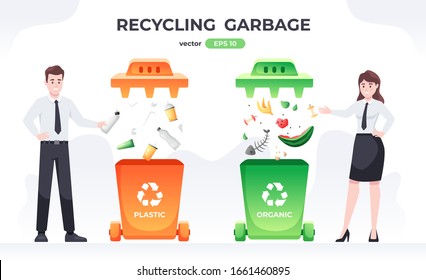 People throw garbage in a container. Segregation and recycling. Bins for garbage and trash. Sorting different types of waste. Simple modern design. Flat style vector eps10 illustration.