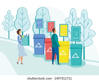 People Throw Garbage into Containers for Plastic, Glass, Paper and Organic Litter Bins with Recycle Sign. Collecting Trash, Recycling, Pollution, Ecology Protection Cartoon Flat Vector Illustration