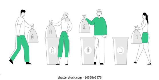 People Throw Garbage into Recycling Containers and Bags. Men and Women Collecting Trash, Recycle Environmental Plastic Pollution Problem, Ecology Protection, Cartoon Flat Vector Illustration, Line Art