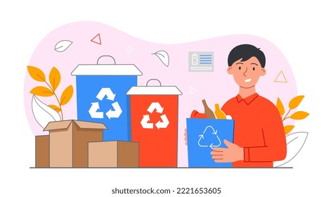 People throw garbage. Man with box stands next to garbage containers. Reducing emission of harmful substances into atmosphere. Caring for ecology and environment. Cartoon flat vector illustration