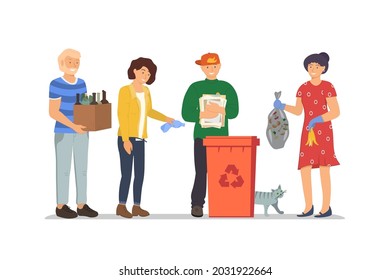 Die Menschen werfen Müll in Mülltonne für Müllrecycling. Abfallverwertung im Mülleimer. Verantwortliche Männer und Frauen stehen in der Nähe des Müllcontainer. Umweltschutz und Ökologie - Vektorgrafik speichern