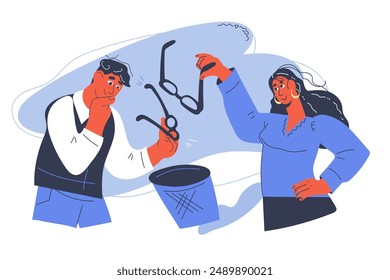 People throw glasses in the trash after vision treatment or lasik correction. Improvement and correction of vision with laser surgery, ophthalmotherapy and contact lenses advert, vector illustration i