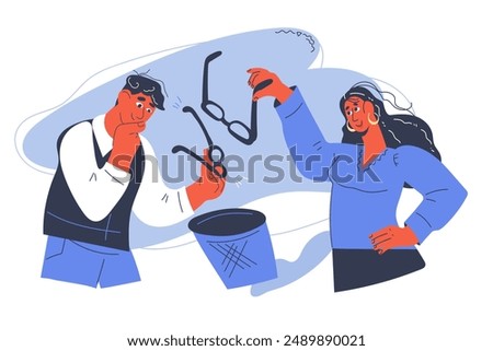 People throw glasses in the trash after vision treatment or lasik correction. Improvement and correction of vision with laser surgery, ophthalmotherapy and contact lenses advert, vector illustration i