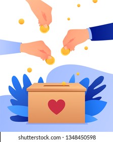 People throw gold coins in a carton box with heart. Coins in hand. Donation box. Donate, giving money. Vector illustration, flat style design. - Vektor 