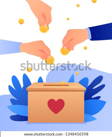 People throw gold coins in a carton box with heart. Coins in hand. Donation box. Donate, giving money. Vector illustration, flat style design. - Vektor 