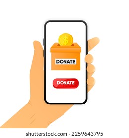 People throw gold coins into the donation box. Coins in hand. Donation box. Financial support. Online donation money concept. Vector illustration.