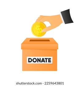 People throw gold coins into the donation box. Coins in hand. Donation box. Financial support. Vector illustration.