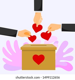 People throw hearts into a box for donations. vector illustration