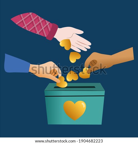 People throw hearts into a box for donations. Hearts in hand. Donation box. Donate, giving money and love. Modern vector illustration, flat style design with gradient