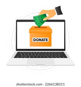 People throw money cash online into the donation box. Cash in hand. Donation box. Financial support. Vector illustration.
