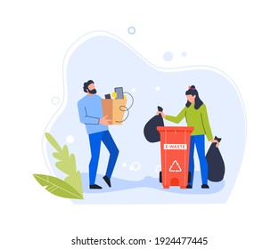 People throw old gadgets in e-waste bin. electronic recycling bin with hardware, digital pollution with rubbish. Vector illustration