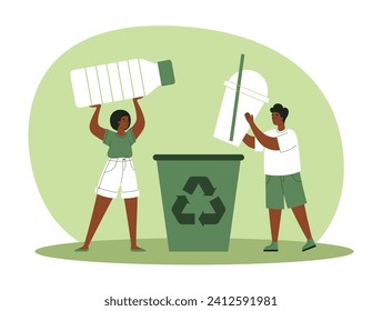 People throw plastic waste in the trash can for recycling. Plastic pollution problem concept. Flat vector illustration
