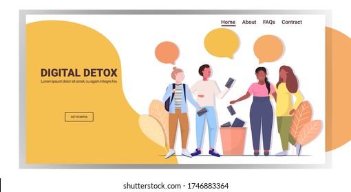 people throwing away gadgets in urn digital detox rest from devices concept mix race friends abandoning internet and social networks horizontal full length copy space vector illustration