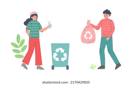 People throwing away waste into trash bin with recycling symbol cartoon vector illustration