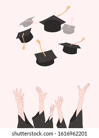 People throwing bachelor caps happy to graduate from college. Vector handwritten illustration