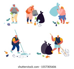 People Throwing and Collecting Trash Set. Garbage Pollution Isolated on White Background. Volunteers Clean Up Wastes into Bags for Ecology and Earth Protection Concept Cartoon Flat Vector Illustration