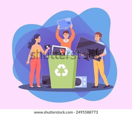 People throwing electronic devices into recycle bin. Male and female cartoon characters holding camera, monitor and TV flat vector illustration. Technology, electronic waste, recycling concept