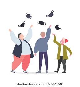 people throwing medical masks celebrating victory over coronavirus pandemic quarantine covid-19 is ending concept full length vector illustration