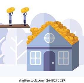people throwing money into the house.an illustration representing the concept of investing in real estate or saving money for a home. investment in property