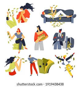 People throwing money, rich and wealthy male and female character with cash banknotes. Happy personages won lottery, earnings and savings in bank and accounts of businessman. Vector in flat style