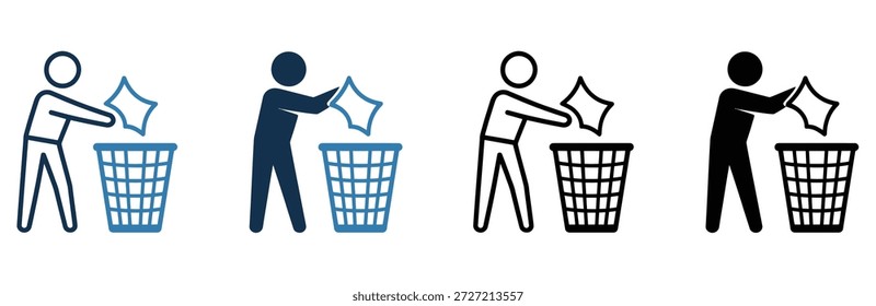 Personas arrojando papeles a los cubos de basura en diferentes colores y estilos