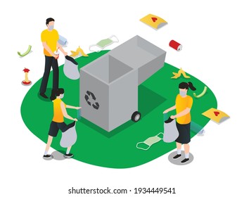 People throwing plastic rubbish into recycle bin 3D isometric vector concept for banner, website, illustration, landing page, flyer, etc
