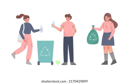 People throwing plastic wastes into trash bin with recycling symbol cartoon vector illustration