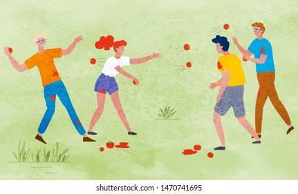 People throwing ripe tomatoes, harvest festival, game and celebration. Vegetables, girls and boys playing on meadow, farm food and agriculture. Funny spending time on harvest festival. Flat cartoon