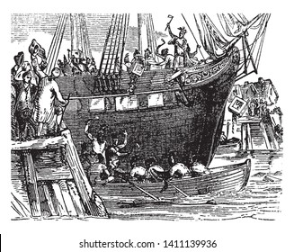 People Throwing the tea into the water,vintage line drawing or engraving illustration.