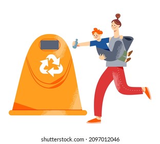 People throwing trash garbage in dustbin, responsibility vector illustration. Cartoon mother holding little boy in hands, running to street waste container to throw bottle away isolated on white