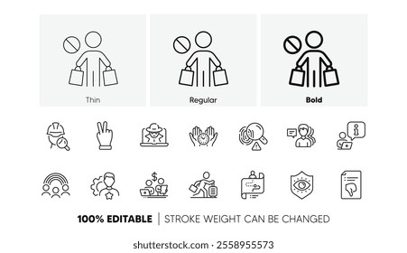 People, Thumb down and Eye protection line icons. Pack of Travel delay, Interview, Fingerprint icon. Victory hand, Fraud, Stop shopping pictogram. Inspect, Safe time, Budget accounting. Vector