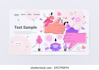 people with thumbs up and thumbs down icons using digital gadgets feedback customer review social media