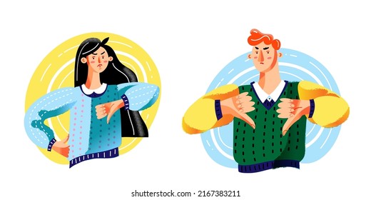 People With Thumbs Down Set Vector Illustration. Cartoon Angry Young Man And Woman Showing Emotion Of Negation, Negative Dislike Gesture Isolated On White. Body Language, Communication Concept