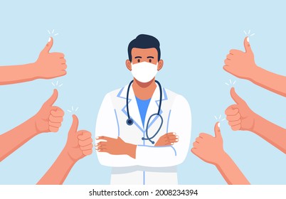 People with thumbs up hands for doctors. Thank you doctor, nurses and medical personnel team for fighting the coronavirus. Fight against covid-19 viruses. Vector illustration