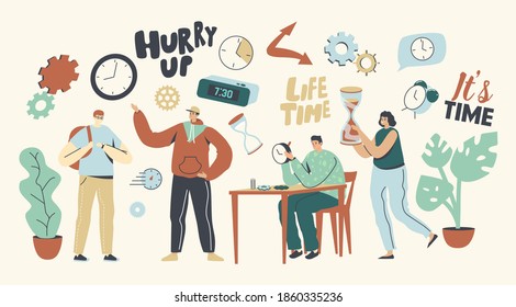 People and Time Concept. Male and Female Characters with Clock. Master Repair Broken Watch in Workshop, Student Hurry Up in University Lessons, Woman Carry Huge Hourglass. Linear Vector Illustration