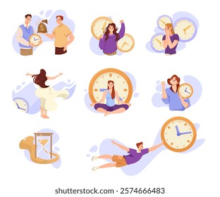 People and Time Management with Clock Dial Vector Set