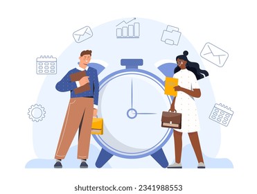 People with time management concept. Man and woman with documents standing near large clocks. Deadline and goal setting. Organization of effective workflow. Cartoon flat vector illustration