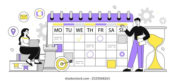 People with time management. Man and woman near calendar and hourglass. Scheduling and planning, organizing effective work process. Linear vector illustration isolated on white background