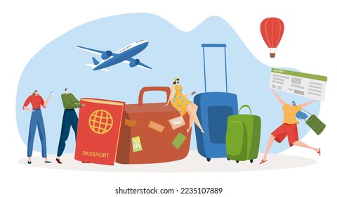 People tiny character together reservation travel vacation ticket, trip booking service flat vector illustration, isolated on white.