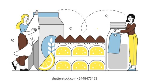 People with tiramisu linear concept. Young girls near milk bottles and dessert and delicacy. Homemade pastry and bakery products. Traditional italian cuisine. Doodle flat vector illustration