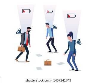 People tired at work with low life energy. The concept of tired and exhausted workers with an uncharged battery. Flat modern design vector illustration of tired people isolated on white background