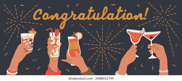 People toasting and drinking cocktails banner. Hands holding glasses with beverages. Congratulation card. Party and event concept. Hand drawn vector illustration on dark background with fireworks.