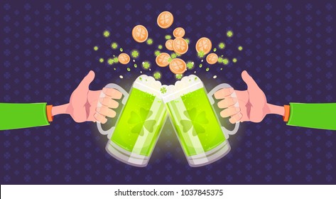 People Toasting Glasses Of Beer Over Happy St. Patricks Day Background Vector Illustration