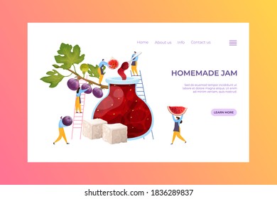 People together carry berry fruit, concept production handmade jam landing page concept cartoon vector illustration. Website online text banner, sweet unhealthy foodstuff, internet web page.