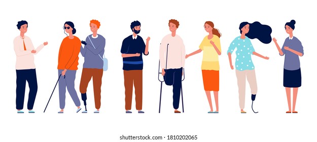 People together. Different person characters, socialization of disabled man woman. Crowd friends vector concept